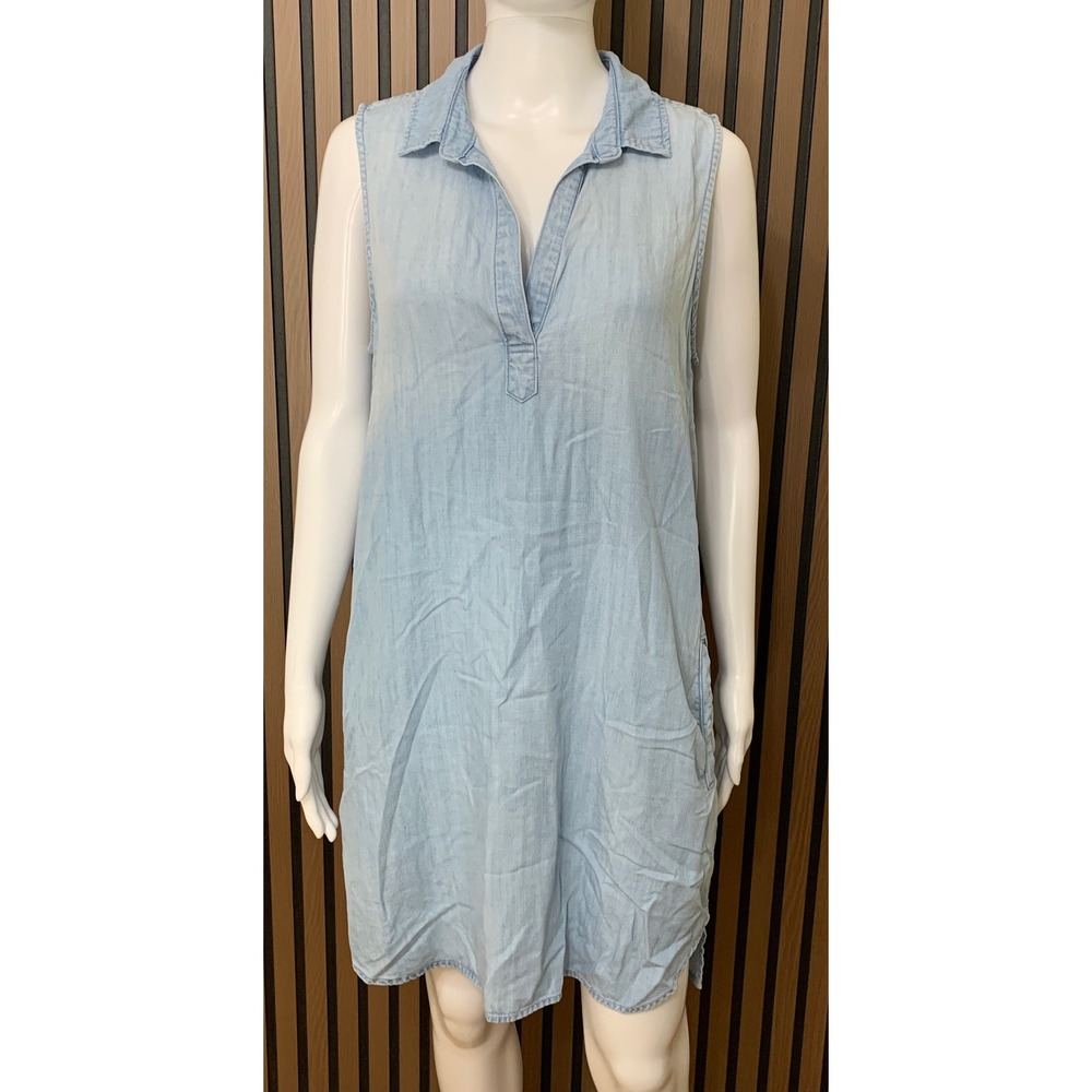 Cloth & Stone Women's Blue Tencel Sleeveless Shift Dress Pockets Light Wash L